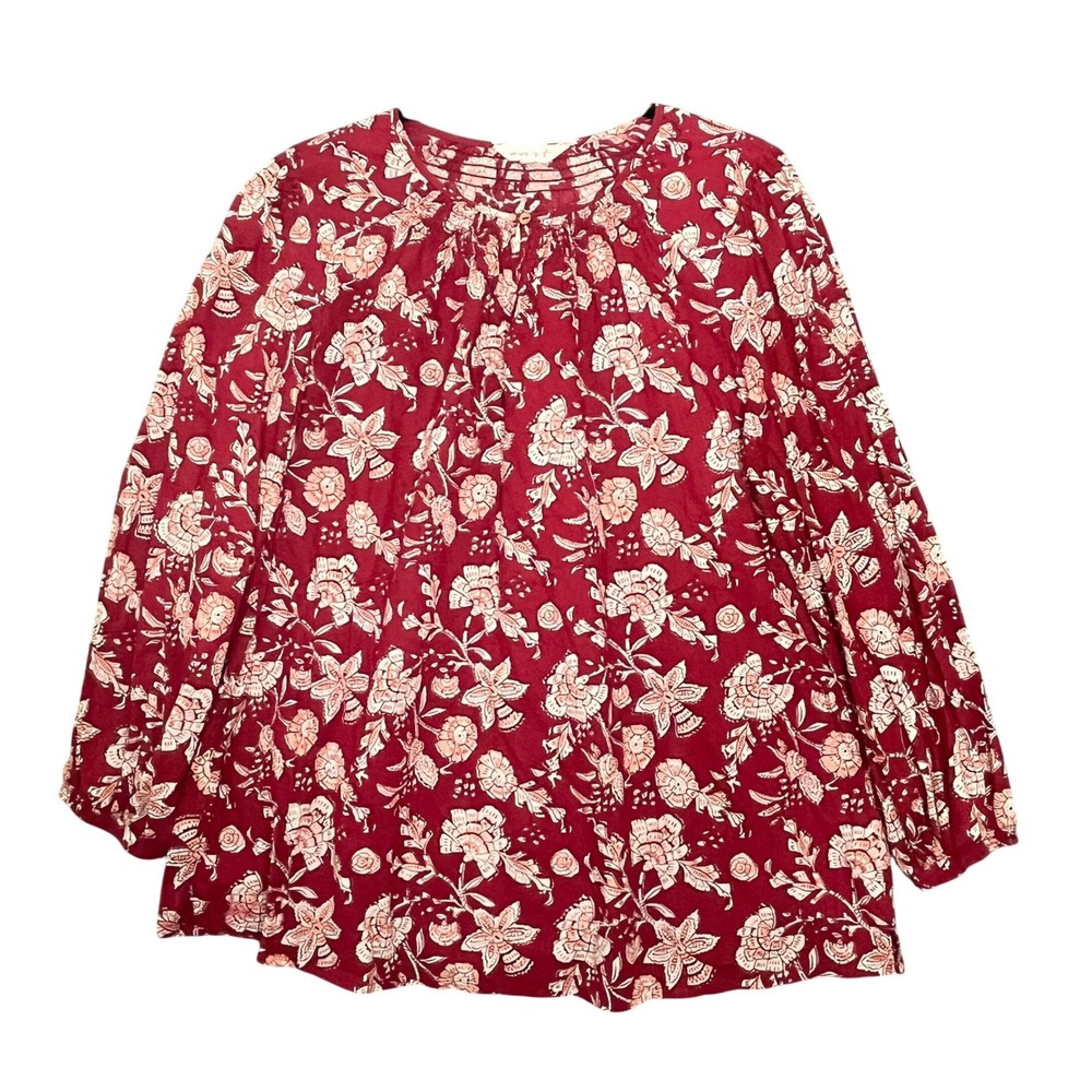 East Floral Peasant Blouse Womens Large Burgundy Organic Cotton Hand Block Print